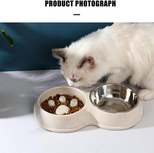 Tineer Double Pet Dog Slow Feeder Bowl,Stainless Steel Anti-Choke Puppy Food and Water Feeder for Dog Cats (White)