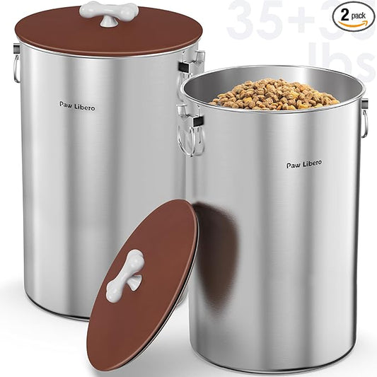 2PK 35 Lbs Stainless Steel Dog Food Storage Container with Airtight Lid & Ceramic Bone Handle, Large Metal Dog Food Bin for Dogs & Cats, Keep Fresh, Easy to Clean