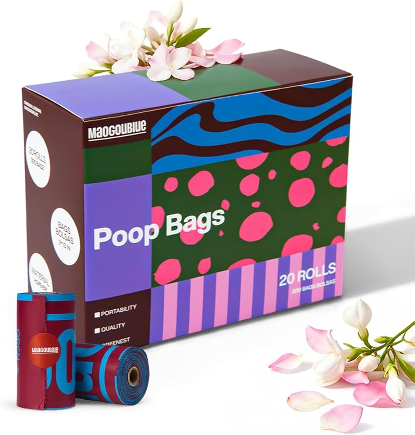 Dog Poop Bags Rolls - 300 Counts Leak Proof & Extra Thick, 20 Rolls Jasmine Scented Pet Poop Bags for Dogs, Doggie Waste Bag for Walking, Travel, Home 9 x 13 Inches (Dark Brown)