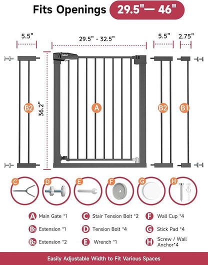 36.2" Extra Tall Baby Gate for Stairs, 29.5-46" Wide Dog Gate for Doorways, Walk Thru Auto Close Metal Child Gate for The House, Stairs and Doorways, Pet Gate Pressure Mounted Dog Gate Indoor (Black)