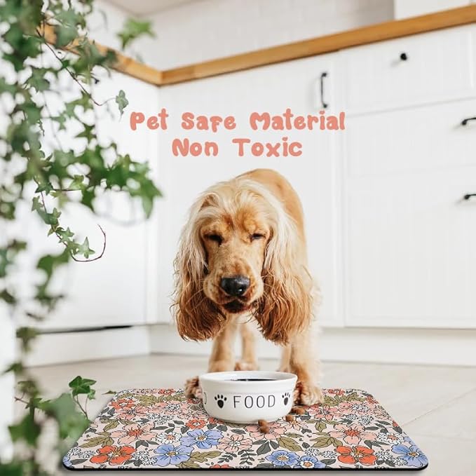 Dog Food Mats for Floors Waterproof, Cat Water Bowl Mats Pet Feeding Absorbent Placemats Flower 12 * 20 inch