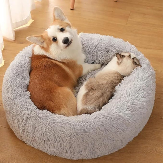Original Calming Donut Dog and Cat Bed in Shag Fur, Dog Beds for Melium Dogs, Anti Anxiety Round Fluffy Plush Faux Fur Pet Bed 31''×31''