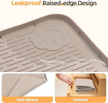 Dog Food Mat, Extra Large 34" x 22" Silicone Pet Feeding Mat with Raised Edge Pet Placemat for Small, Medium, and Large Pets Non-Slip, Easy to Clean (Beige)