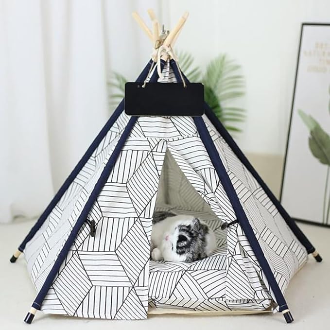 Stylish Pet Teepee Tent with Removable Cushion, Foldable Cat & Dog Tent House with Solid Wood Frame for Indoor Use (Multiple Patterns & Sizes)(H,L)