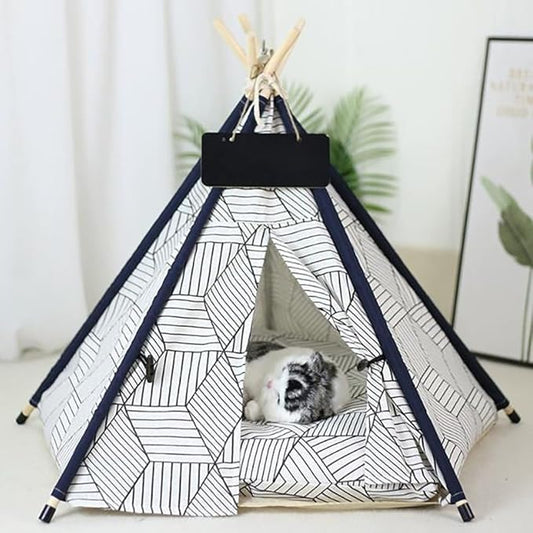 Stylish Pet Teepee Tent with Removable Cushion, Foldable Cat & Dog Tent House with Solid Wood Frame for Indoor Use (Multiple Patterns & Sizes)(H,L)