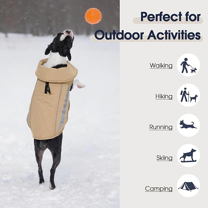 IECOii Dog Coat Waterproof - Adjustable Outdoor Dogs Cold Weather Coats & Reflective Winter Jacket with Broad Chest Breeds, Hunting Vest Jackets for Small Dogs, Rainy, Snowy, Khaki, Sizes M