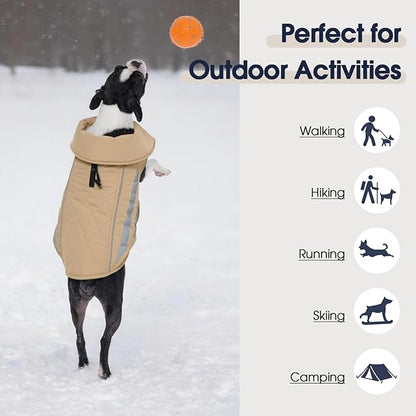 IECOii Dog Cold Weather Coats - Adjustable Snowsuit Reflective Large Dogs Hunting Vest for Pitbull, Waterproof Winter Snow Jacket for Varying Chest Breeds, Mashine Washable, Khaki, Sizes XL