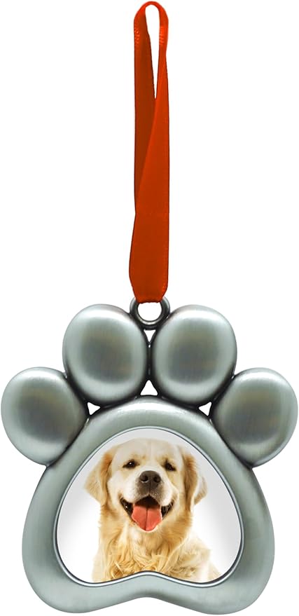 Pearhead Pawprint Photo Ornament, Dog or Cat Christmas Tree Decoration, Pet Memorial Keepsake Picture Frame, Classic Holiday Home Decor, Silver Metal