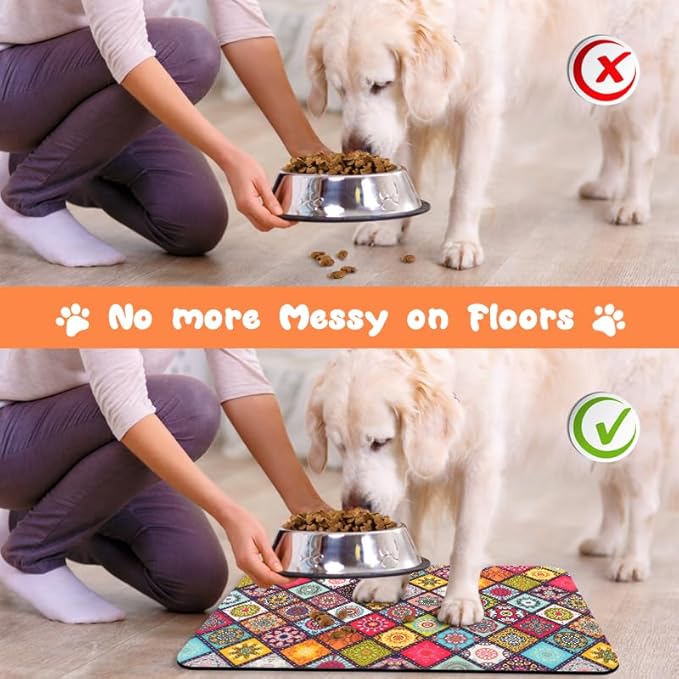 Dog Food Mats for Floors Waterproof, Pet Water Bowl Mats Pet Feeding Absorbent Placemats Bohemia 12 * 20 inch