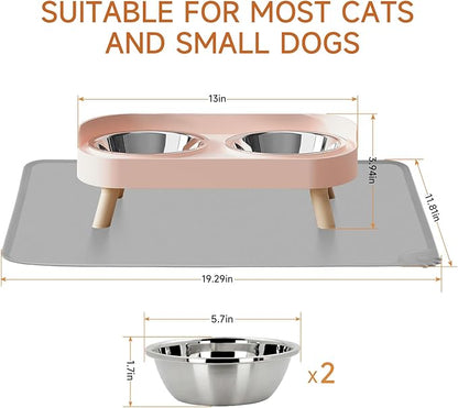Elevated Cat Bowl with Food Mat, Raised Cat Food and Water Bowl Set for Indoor Cats, Splash Proof with 2 Stainless Steel Pet Food Bowls for Cats and Puppies,Whisker Fatigue and Dishwasher Safe (Pink)