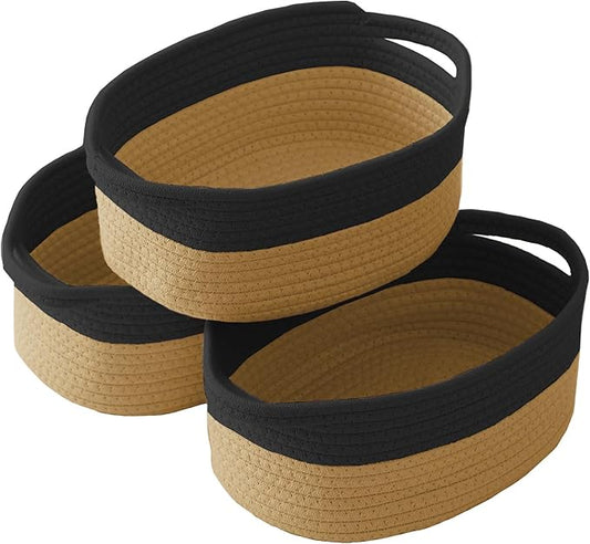 Woven Basket,Small Rope Storage Bin with Handles & Ribbon Bag, Organizer for Shelves Closets,Gift Basket Empty for Birthday,Books,Dog Toys, Black&Jute/3 Pack