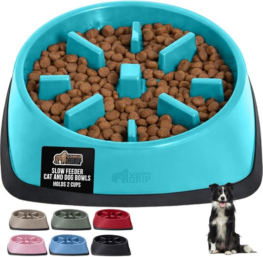 GORILLA GRIP Patented BPA Free Slow Feeder Dog Bowls, Interactive Puzzle Toy for Dogs and Cats Food Training Enrichment, Keeps Pets Busy and Prevents Puppy Overeating, All Breeds, 2 Cup, Turquoise