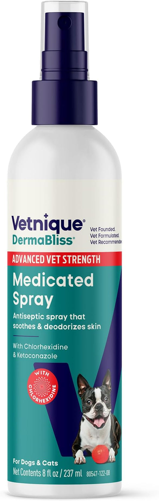 Vetnique DermaBliss Advanced Strength Chlorhexidine for Dogs Skin Spray - Antibacterial Medicated Spray for Skin Infections & Irritation, Hot Spots & Yeast Areas (Medicated Spray, 8oz)