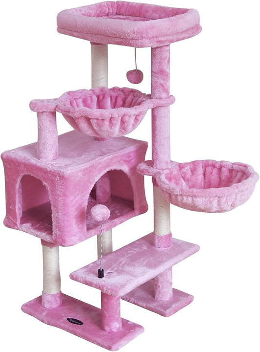KIYUMI Cat Tree Cat Tower Condo with Sisal Scratching Post for Indoor Cats Cat Tree Cat Furniture with Hammock Perch and Kitten Ball Toys, Multi-Level Pet Activity Center Pink