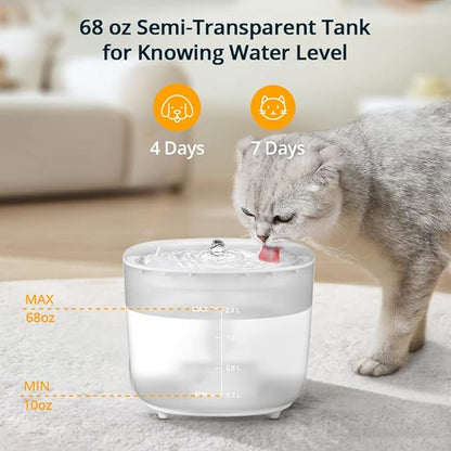 Cat Water Fountain with Wireless Pump, 68oz/2L Ultra Quiet Cat Fountain, Automatic Pet Drinking Fountain for Cats Dogs Inside with 2 Flow Modes, LED Light Indicator, Filter Included,White