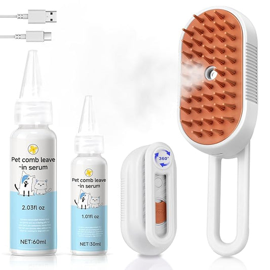 Steam Brush for Cat & Dog – 3-in-1 Spritz Pet Spray Hair Removal Comb for Grooming & Shedding Steam – Water Brush for Long & Short Haired Pets– Includes Two Bottles Waterless 2*Shampoo