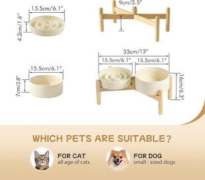 Ceramic 0.9 Cup Raised Slow Feeder Dog Bowl Set, Elevated 6.1inch Water Bowl and 6.1inch Slow Dish with Wooden Stand for Small Dogs (2 x Beige+ Stand)