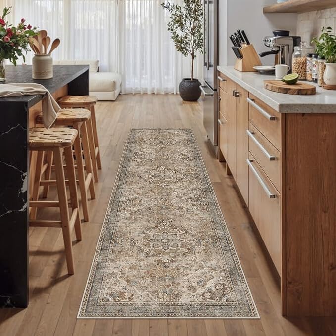 Brown Runner Rug 2x8 Washable Vintage Long Carpet Low Pile Traditional Distressed Retro Accent Indoor Hallway Throw Rug Non Slip for Kitchen Laundry Bathroom Dining Room