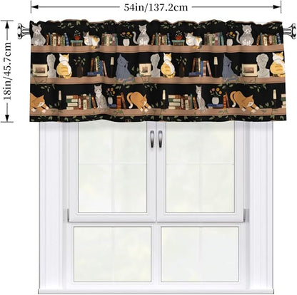 Bookshelf Cat Curtain Valance Short Rod Pocket Window Treatment for Living Room Bedroom Kitchen Bathroom 1 Panel 54" W x 18" L