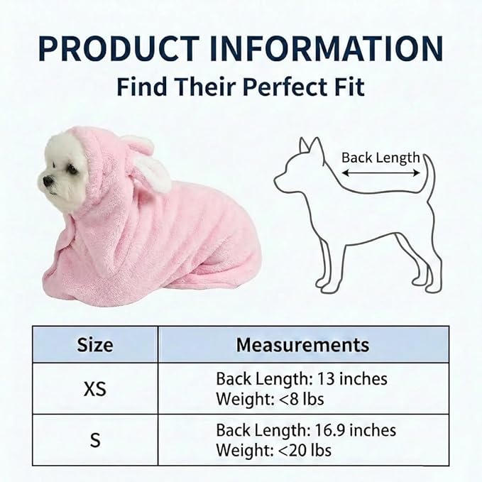 Dog Bathrobe Super Absorbent Towel for Small Dogs Cats Fast Drying Dog Robe Coat with Hood Puppy Cat Bath Towel Wrap Pet Grooming Supplies After Shower (Light Pink,XS)