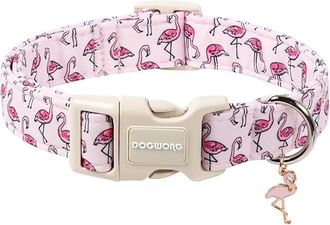 DOGWONG Cute Pet Dog Collar Pink Flamingos Cotton Dog Collar- Soft Girl Puppy Adjustable Pet Collars for Small Medium Large Dogs,XL