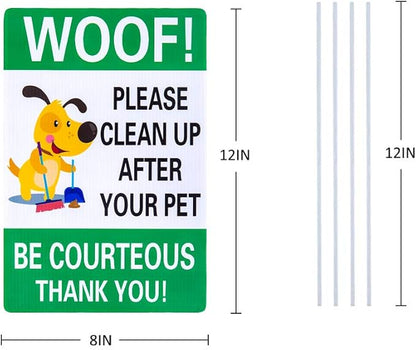 WaaHome Pack of 2 Double Sided Woof Please Clean Up After Your Pet Yard Signs with Stakes, 8"X12" Funny No Poop Pee Dog Yard Sign Lawn Sign