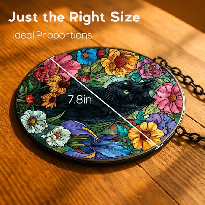 7.8 in Stained Glass Window Hanging， Black Cat and Colorful Flowers Sun Catchers Indoor Window， Core Decor Inside and Outside The Cottage， Gifts for Women -721