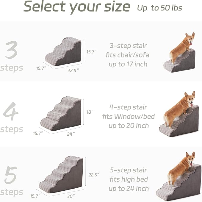 Dog Stairs for Small Dogs & Cats 22.5" H, High Density Foam Dog Steps Ramp for High Bed and Couch, Pet Stairs with Non-Slip Bottom and Remove Washable Cover, 5-Step Pet Steps, Grey