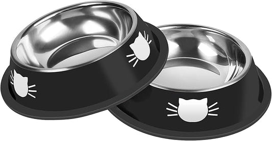 2 Pcs Non-Slip Stainless Steel Small Cat Food Bowls - Unbreakable, Thicken 7 Oz Cat Dishes - Indoor, Removable Rubber Base, Easily Clean, Lovely Color