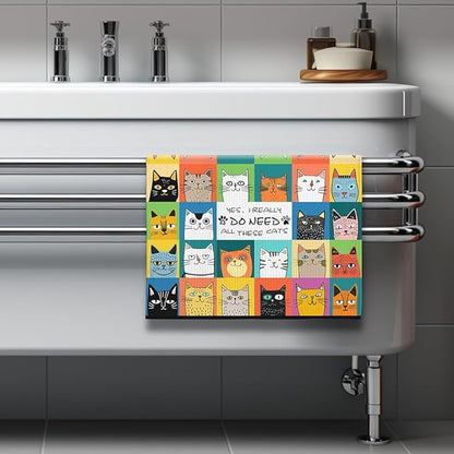 Cat Kitchen Towels - Quick-Dry Grid of Adorable Feline Cubby Art with Proud Collection Declaration, Decorative Dish Towel for Cat Lady Essentials & Whimsical Pet Mom Gifts | Humorous Hand Cloth