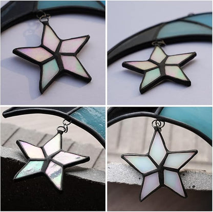 Stars and Moon Stained Glass Suncatcher - Window Decor Gift for Home Indoor - Crescent Moon and Star Decorations for Women
