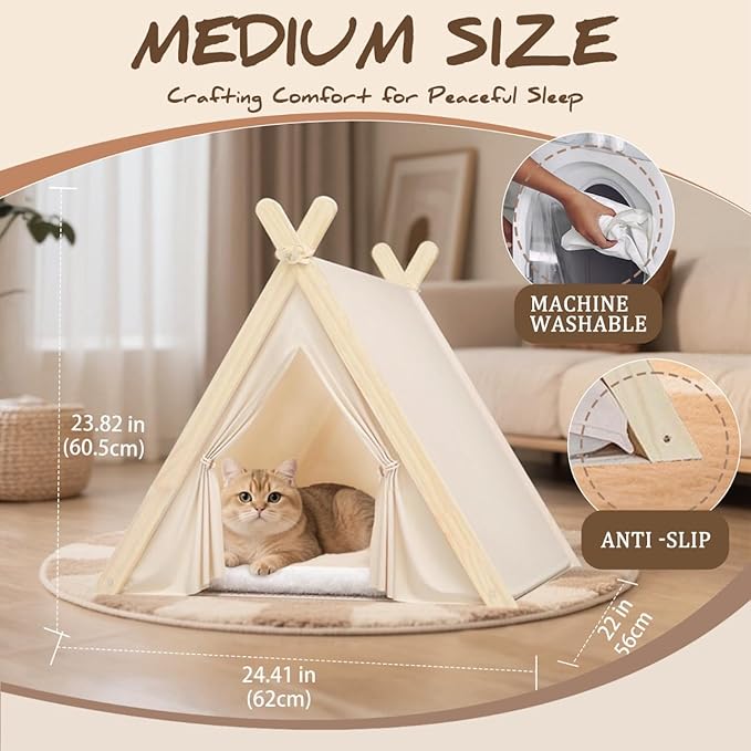 Pet Teepee with Thick Cushion, Cat Tents for Small Dogs Puppy and Cats,Portable Houses Indoor with Thick Cushion,Puppies Play House Removable and Washable,Beige