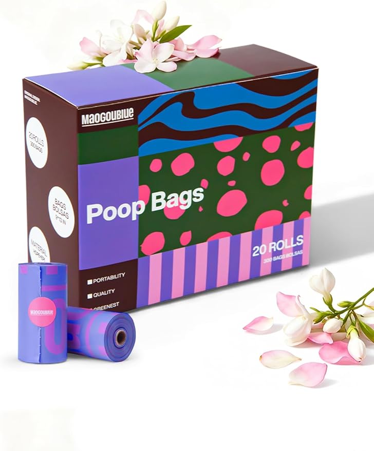 Dog Poop Bags Rolls - 300 Counts Leak Proof & Extra Thick, 20 Rolls Jasmine Scented Pet Poop Bags for Dogs, Doggie Waste Bag for Walking, Travel, Home 9 x 13 Inches (Purple)