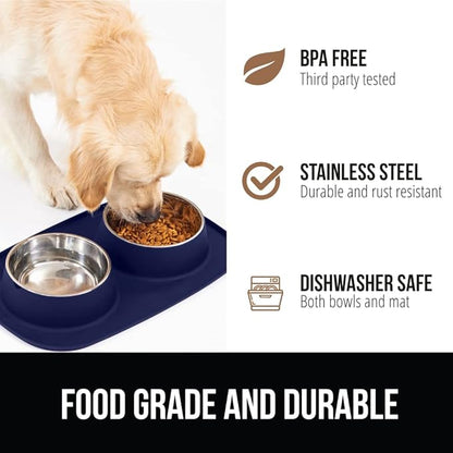 GORILLA GRIP Feeding Mat Bowl Set, 4 Cup 100% Waterproof BPA Free Silicone, 304 Stainless Steel Cat and Dog Bowls for Food and Water, Slip Resistant, High Edge, US Designed, Patent Pending, Navy Blue