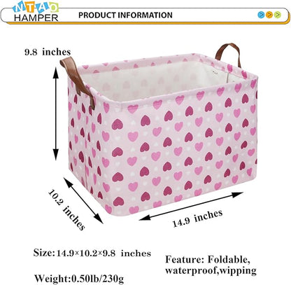 Rectangular Pink Heart Gift Basket Empty,Fabric Storage Basket with Handles,Kids Toys/Books Box,Lovely Storage Bin,Room Decor(Pink Love)