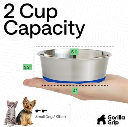 GORILLA GRIP Dog Bowls, Heavy Duty 304 Stainless Steel, Holds 2 Cups Each (16 fl oz) Food and Water Bowl for Feeding Dogs and Cats, Dishwasher Safe, Rust Resistant, BPA Free Rubber Base Set of 2 Blue