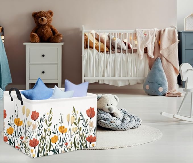 Rectangular Baby Kids Storage Basket for Home Kitchen Girls Cute Toy Storage Bin Organizer Shelf Book Room Decor(Fall Flower)
