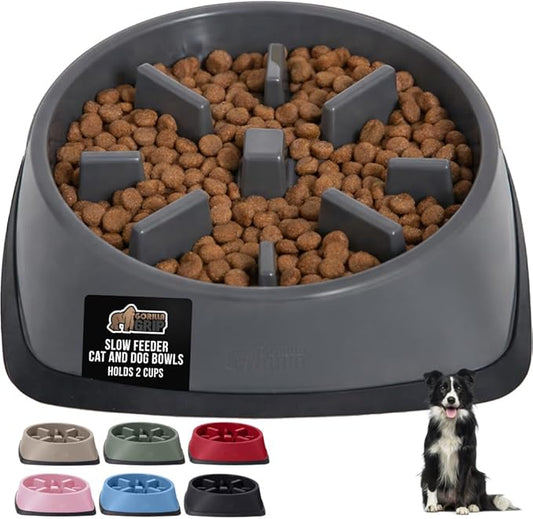 GORILLA GRIP Patented BPA Free Slow Feeder Dog Bowls, Interactive Puzzle Toy for Dogs and Cats Food Training Enrichment, Keeps Pets Busy and Prevents Puppy Overeating, All Breeds, 2 Cup, Gray