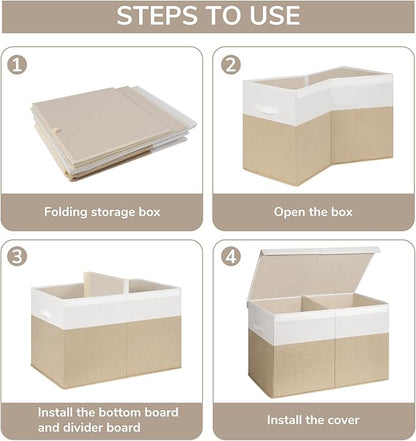 INDRESSME 25"x13"x16" Toy Box Toy Storage Organizer with Lid Collapsible Sturdy Toy Chest, Foldable Toy Bin for Living Room, Playroom, Bedroom, Toy Baskets Storage Kids, Boys, Girls (Beige & White)