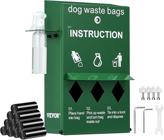 VEVOR Dog Poop Bag Dispenser with Hand Wash Bottle, Lockable Outdoor Dog Waste Bag Holder with 600 Waste Bags, Stake, Pole, Fence & Wall Mounted Dog Poop Bag Storage, Pet Waste Station for Porch, Lawn