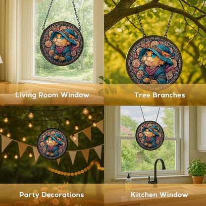 Stained Glass Window Hanging， Wizard Cat 9.8in Sun Catchers Indoor Window， Core Decor Inside and Outside The Cottage， Cute Feline Stained Glass Art， Unique Home Decor， Gifts for Women