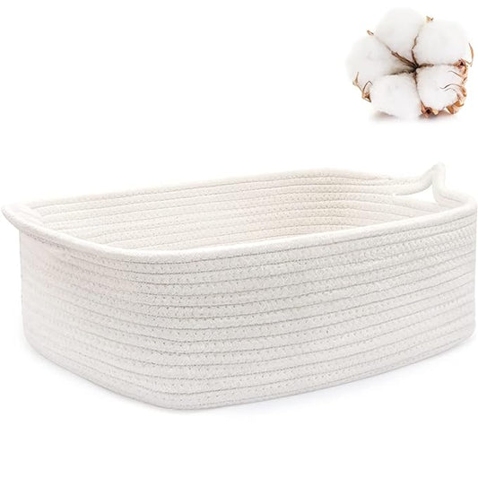 ABenkle Small Storage Basket with Handles, Cotton Rope Woven Dog Cat Toy Bin, Decorative Shelves Closet Organizing for Nursery Laundry Bedroom, 14.2''x 11''x 5.1''