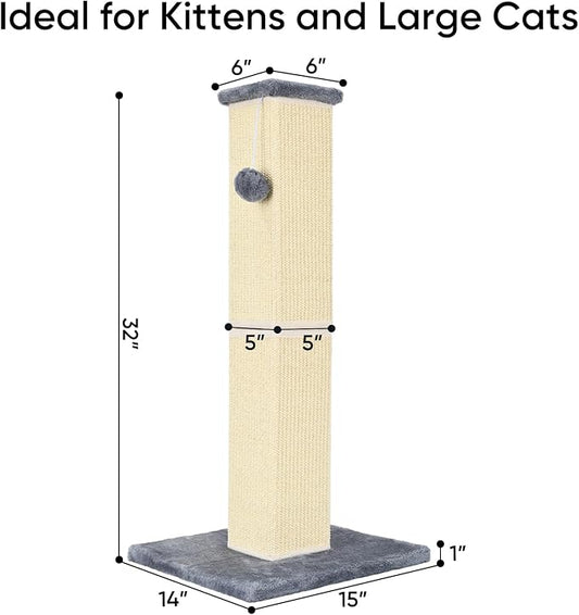 32" Tall Cat Scratching Post for Large Indoor Cats & Kittens, Cat Scratcher with Extra Large Stable Base and Natural Sisal, Sturdy Cat Scratch Post to Protect Furniture & Couch, Grey