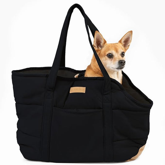 NoblePup Plush Dog Purse Carrier for Small Dogs, Soft Tote Bag with Safety Harness Clip, Cozy Pet Carrier for Dogs Under 15 lbs, Comfortable Shoulder Carrier for Travel, Black 2.0