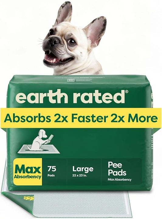 Earth Rated Puppy Pads, Max Absorbency Pee Pads for Dogs, Absorbs 2X Faster & 2X More, Leak Prevention, Potty Training, Fragrance-Free, Unscented, Regular [L], 22” x 23”, 75 Count