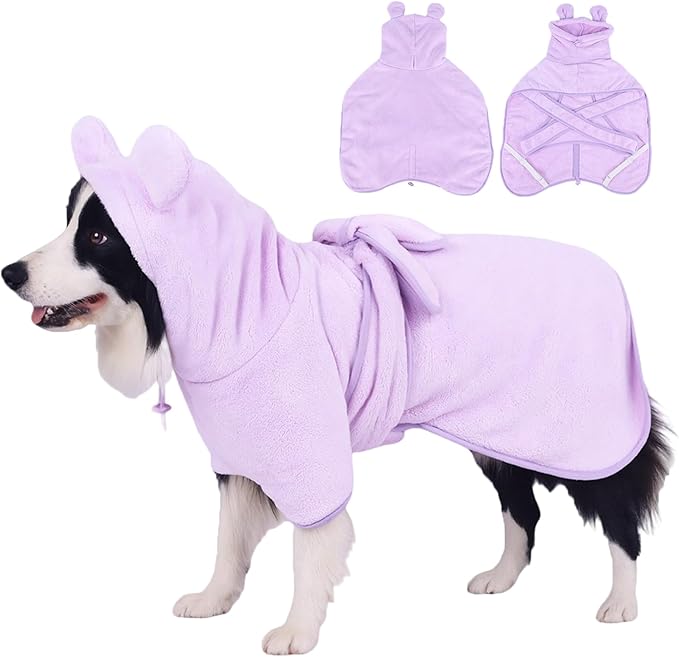 Super Absorbent Dog Bathrobe Pineapple Soft Fast Drying Dogs Towel Robe Adjustable Drying Coat for After Bath with Hood (Coral Velvet Purple, Large)