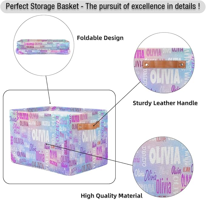 Personalized Storage Basket with Name, Rectangle Toys Storage Bin with Handles for Baby, Boys, Girls, Collapsible Basket for Clothes, Books, Light Blue Purple Colorful Galaxy