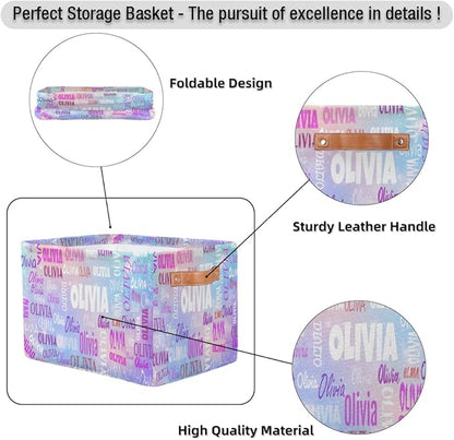 Personalized Storage Basket with Name, Rectangle Toys Storage Bin with Handles for Baby, Boys, Girls, Collapsible Basket for Clothes, Books, Light Blue Purple Colorful Galaxy