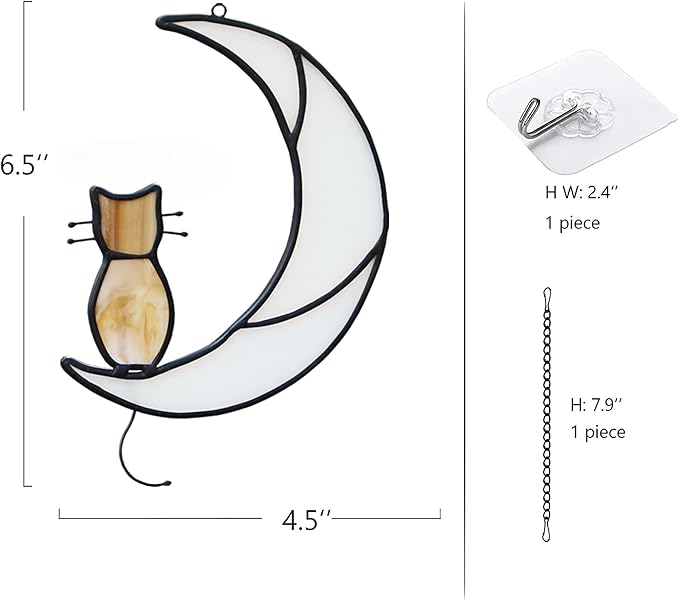 Orange Tabby Cat On Moon Stained Glass Window Hangings,Stained Glass Suncatcher Hanging Ornament Gift for Mom,Cat Memorial Gifts for Pet Lovers, Pet Loss Sympathy Gift (Yellow)