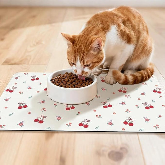 Dog Food Mat for Pet Cat Food Mat, Cherry Absorbent Quick Dry Dog Bowl Mats for Food and Water, Non-Slip Cat Pet Feeding Mats for Floor Placemats 12"x20"